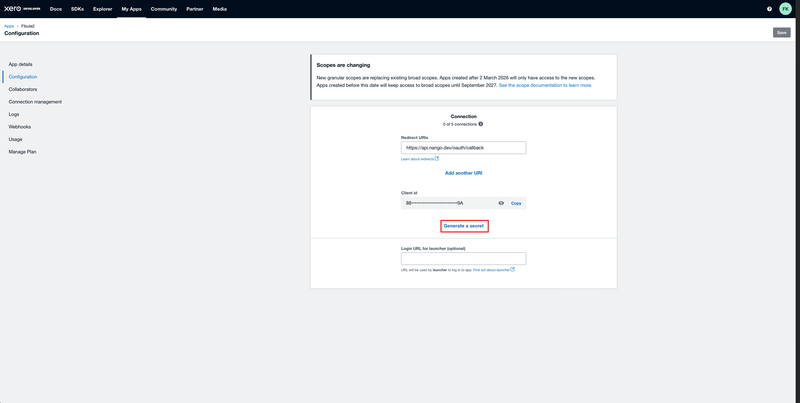 The Xero Configuration tab with the Generate a secret button highlighted